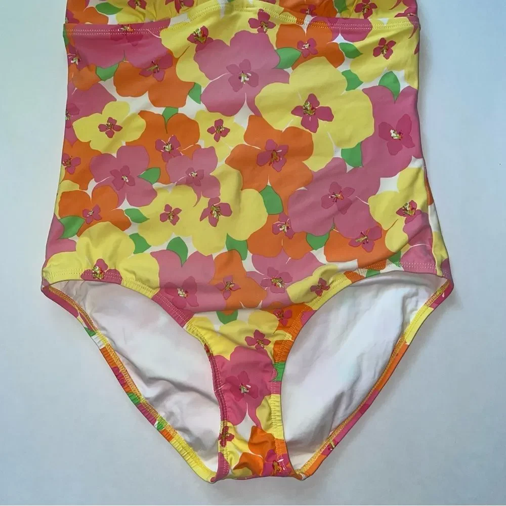 Lilly Pulitzer One Piece Swimsuit Pink Yellow Floral Halter Top Size Small